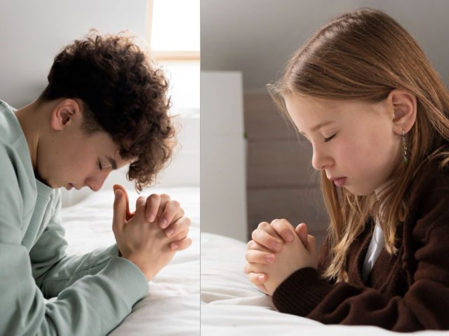 Como devemos orar - imagem mostra 2 jovens em casas separadas, no quarto orando